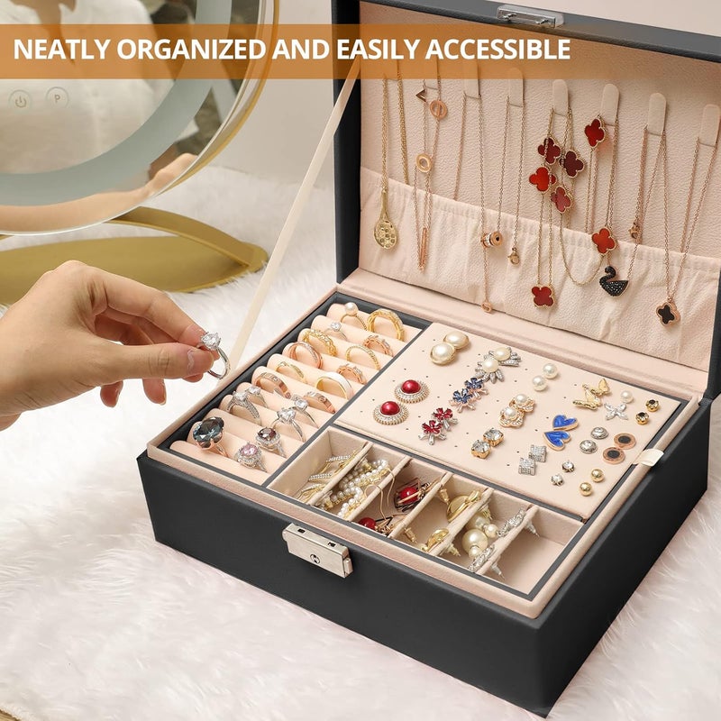 Sanikeon Jewelry Boxes for Women Girls 2 Layers leather Jewelry Organizer Case with Lock Storage Box Removable Tray for Necklace Earring Ring with Polishing Cloth and Jewelry Bags - Image 3